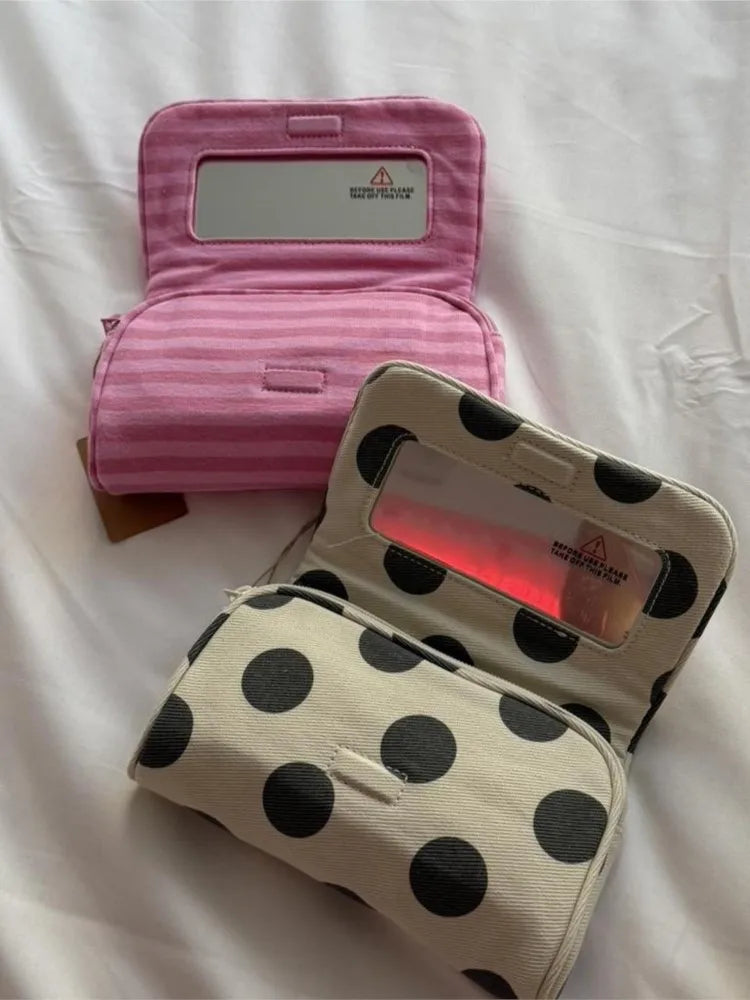 Flip-top with Mirror Makeup Bag Women Pink Striped Portable Zipper Cosmetic Travel Organizer Cute Sweet Handbag Toiletry Pouch