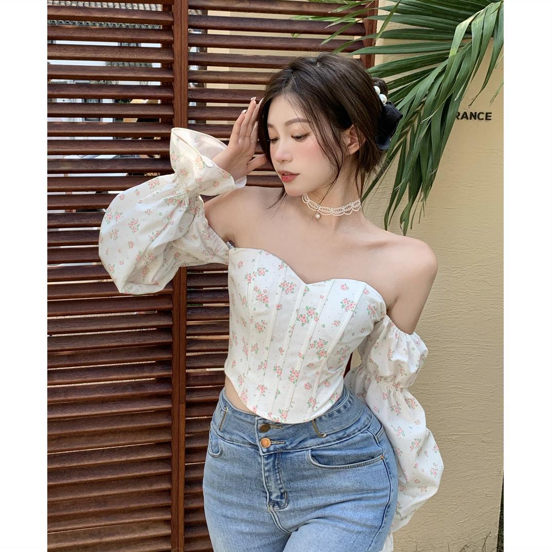 Slash Neck Sexy Off Shoulder Blusas Puff Long Sleeve Corset Shirts-ABT48BKD