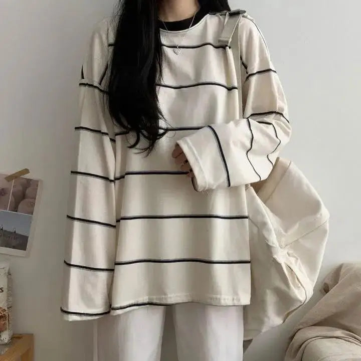 Striped Chic Streetwear Harajuku All-match Prevalent Long Sleeve Top-ABS2477GN