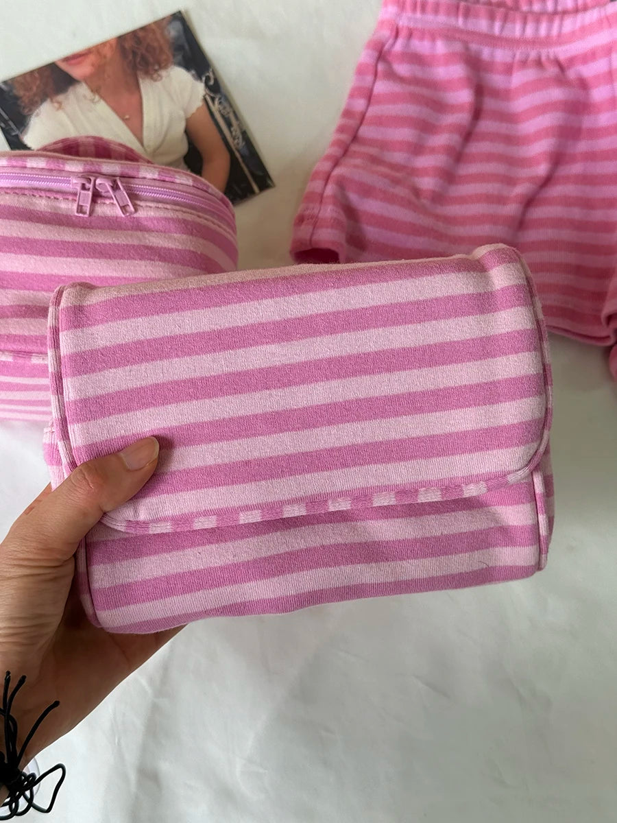Flip-top with Mirror Makeup Bag Women Pink Striped Portable Zipper Cosmetic Travel Organizer Cute Sweet Handbag Toiletry Pouch