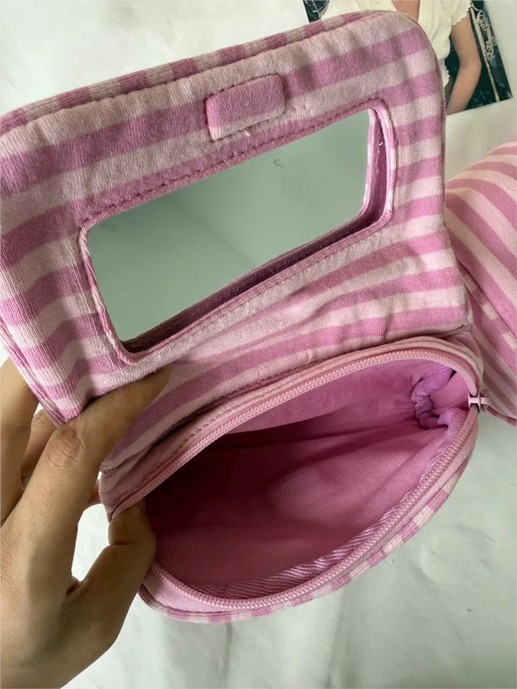 Flip-top with Mirror Makeup Bag Women Pink Striped Portable Zipper Cosmetic Travel Organizer Cute Sweet Handbag Toiletry Pouch