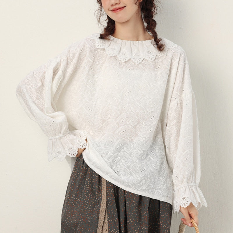 Spring Autumn Sweet Embroidered Shirt Women Clothing Petal Sleeved Loose Blouse- ABS2440GY