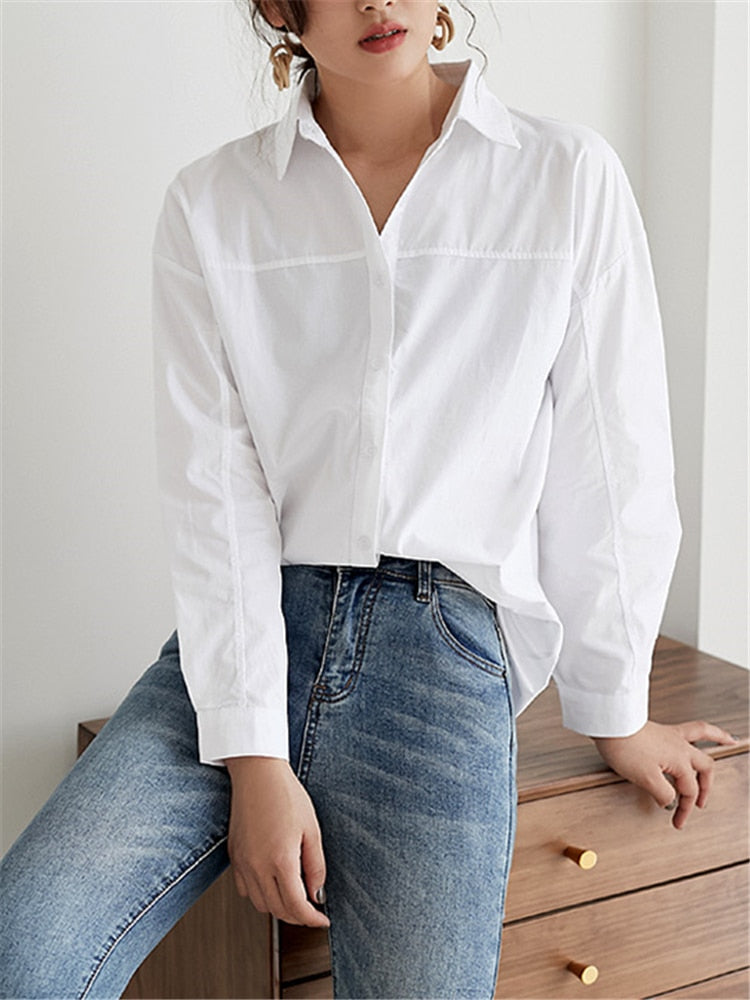 Cotton White Casual Women's Blouse  New Autumn Turn-Down Collar Female Blouse Tops-ABT21AP