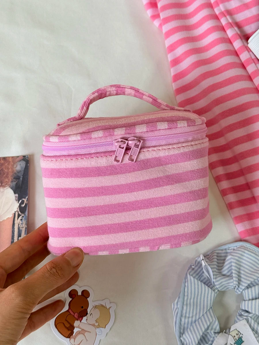 Flip-top with Mirror Makeup Bag Women Pink Striped Portable Zipper Cosmetic Travel Organizer Cute Sweet Handbag Toiletry Pouch