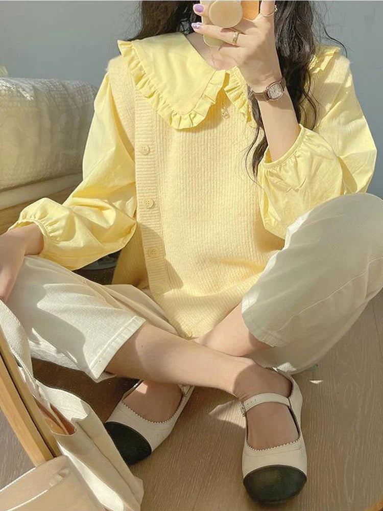 Peter Pan Collar Button Down Shirts Women Korean Fashion Ruffle Long Sleeve Blouse-ABT16BK