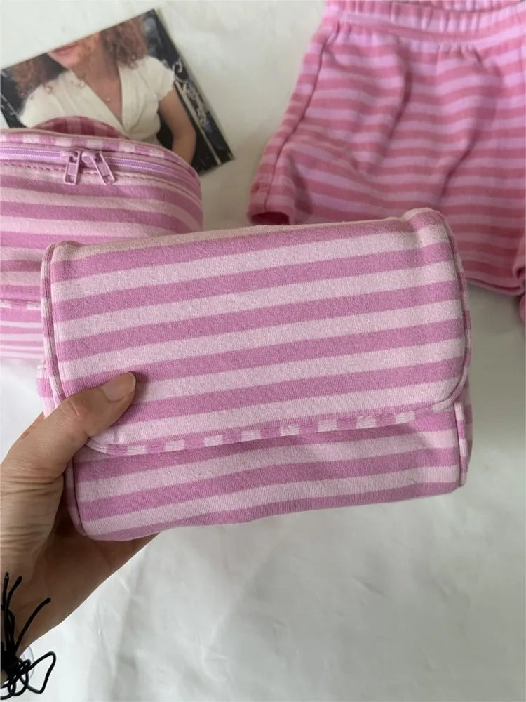 Flip-top with Mirror Makeup Bag Women Pink Striped Portable Zipper Cosmetic Travel Organizer Cute Sweet Handbag Toiletry Pouch