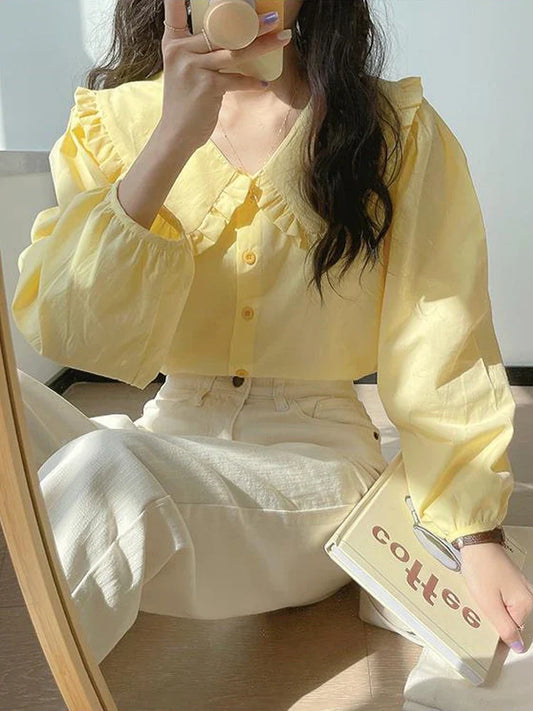 Peter Pan Collar Button Down Shirts Women Korean Fashion Ruffle Long Sleeve Blouse-ABT16BK