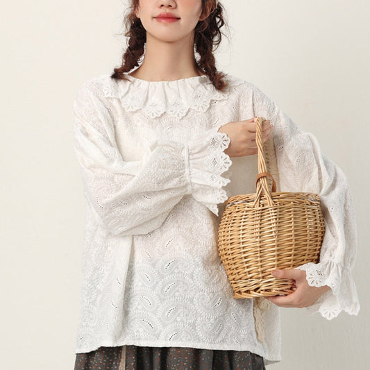 Spring Autumn Sweet Embroidered Shirt Women Clothing Petal Sleeved Loose Blouse- ABS2440GY