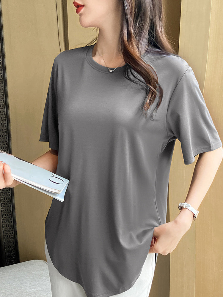 Round Neck Short Sleeve Summer T-shirt Cotton Grey Women Tee-ABT37BK