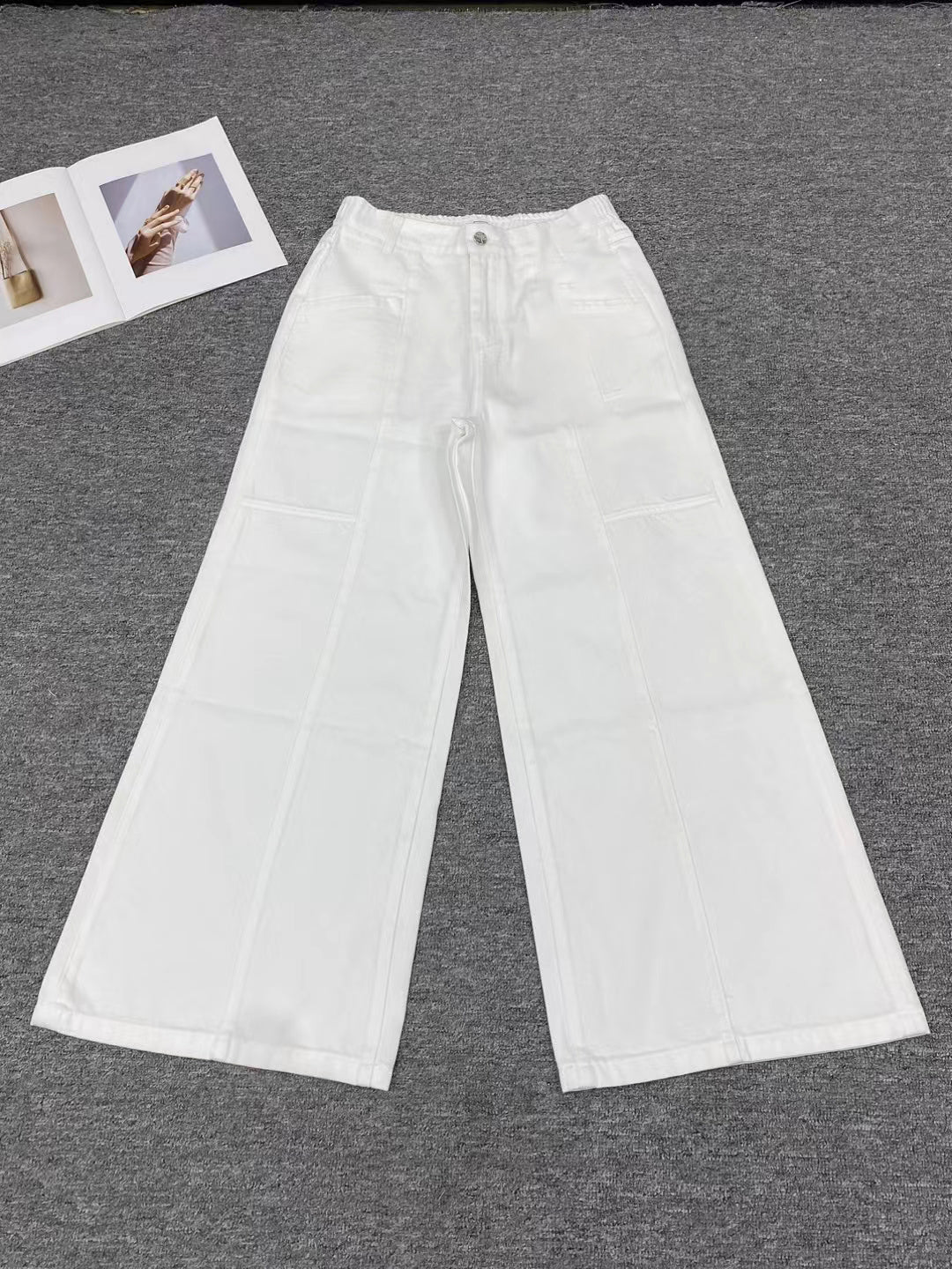 High Waist Soft Cotton Wide Leg Pants Elastic Loose Floor-length Denim Trousers for Women-LB239
