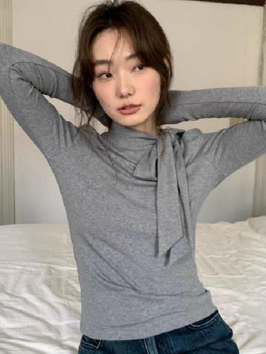 Stand Collar and Tie Knitted Bottoming Long-sleeved T-shirt-ABS2507GY