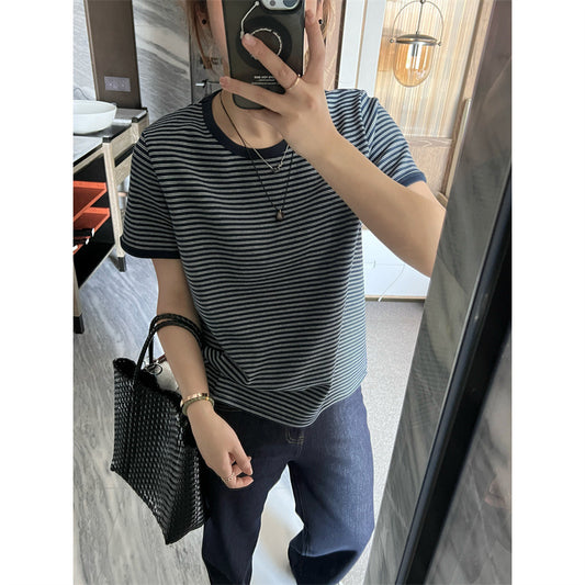 Women's Contrast Color Striped Short Sleeves T-Shirts-ABC21GY