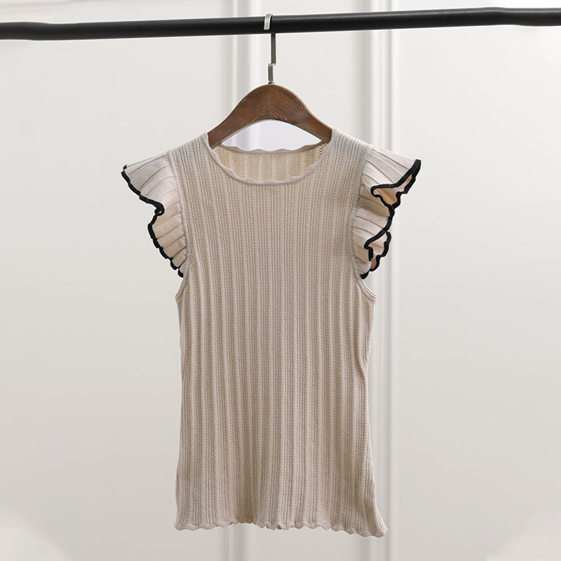 Ruffled Sleeves Mesh Knitted Femme Elegant Summer Thin Short-sleeved Knit