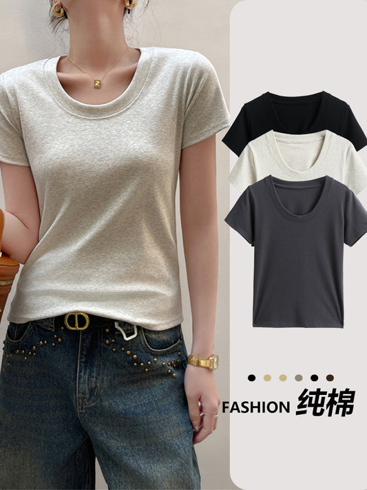 Women's Cotton Round Neck Straight Shoulder Short Sleeve T-shirt-SP&R-100