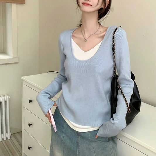 Women's V-neck Fake Two-piece Top with Contrasting Colors Knitted Long Sleeves Shirts-ABS2497BK