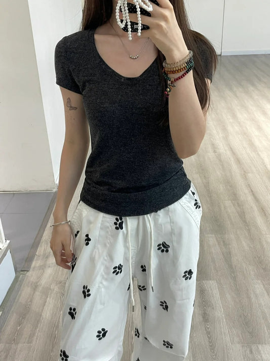 2025 Summer Black Short Sleeve T-shirt Women's Pullover-SPF-233