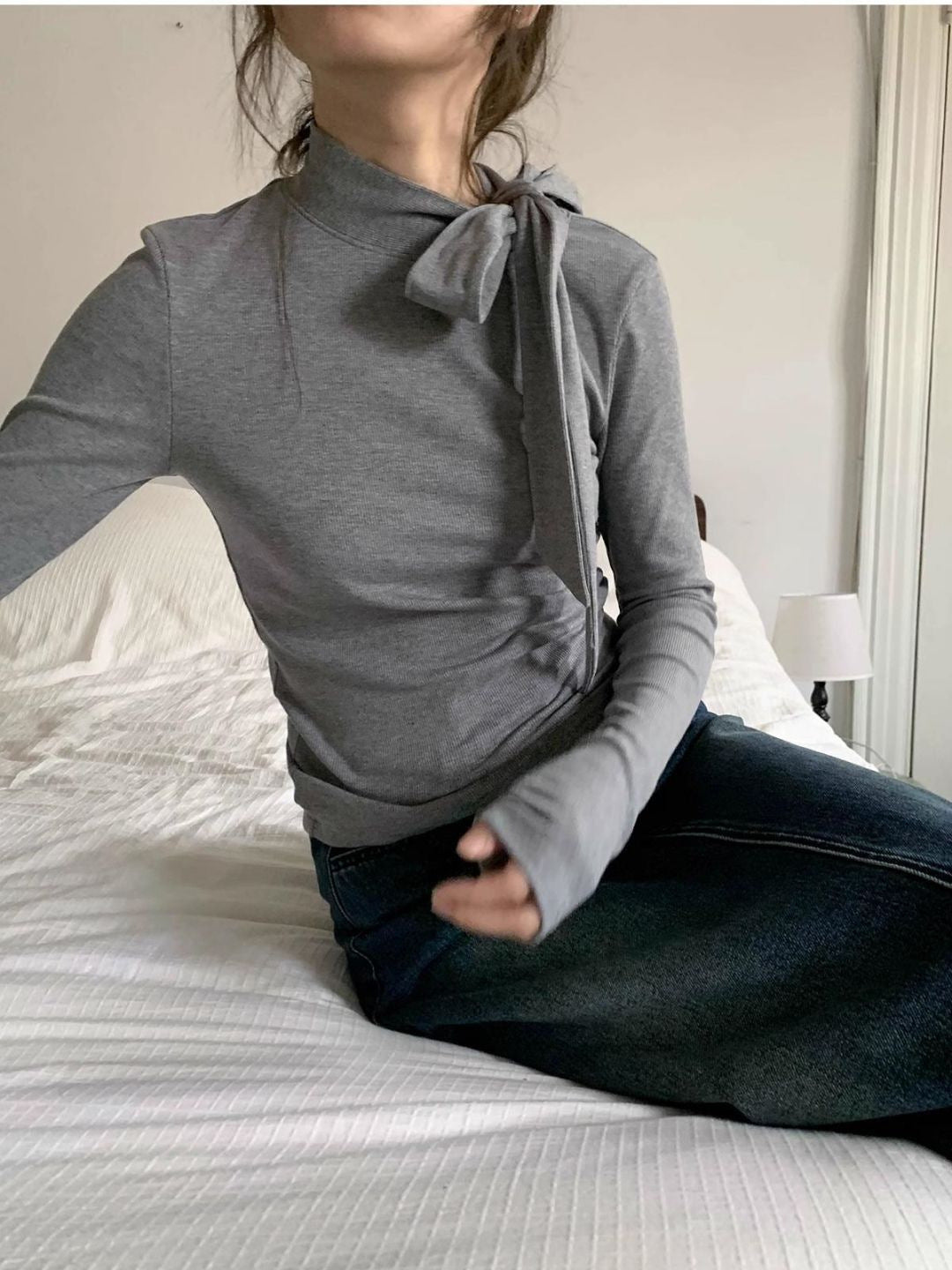 Stand Collar and Tie Knitted Bottoming Long-sleeved T-shirt-ABS2507GY
