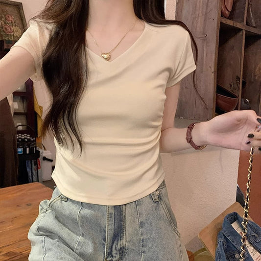 Beige Pleated Waist Straight Shoulder Short-sleeved Women's T-shirt-SP&R-106