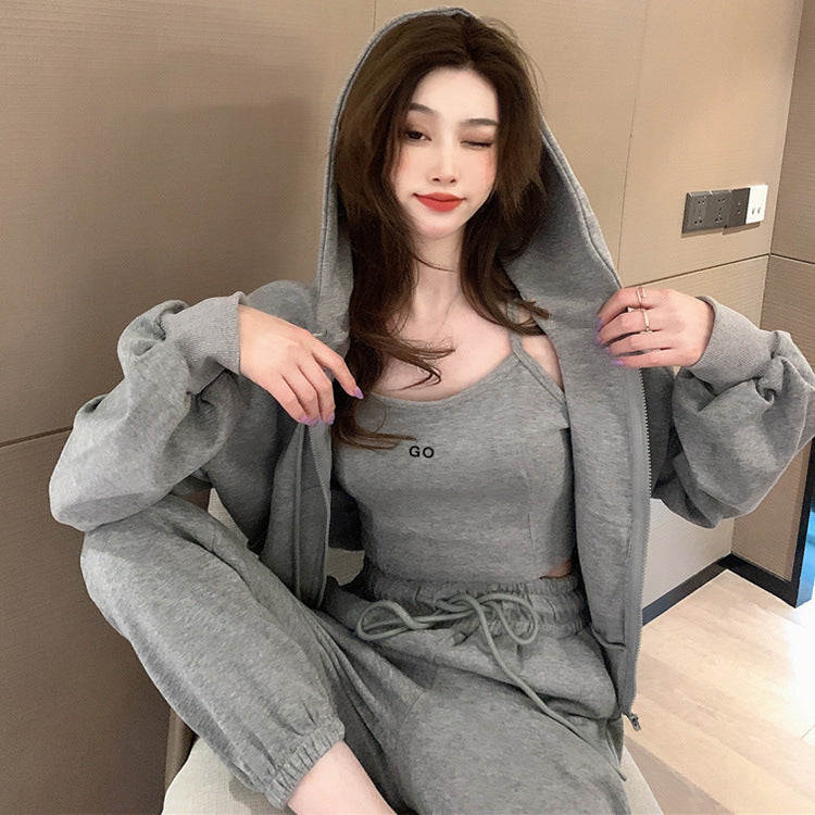Zippered Hoodie Jacket Suspenders Long Pants 3-Piece Set-N202