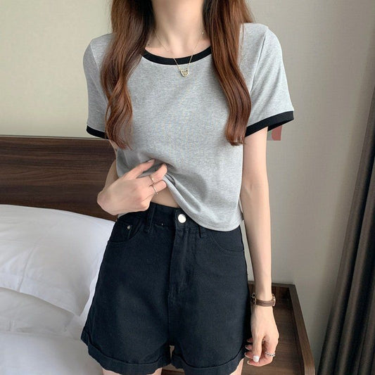 Women's Casual Grey Short-sleeved T-shirt Round Neck Pullover-SPF-232