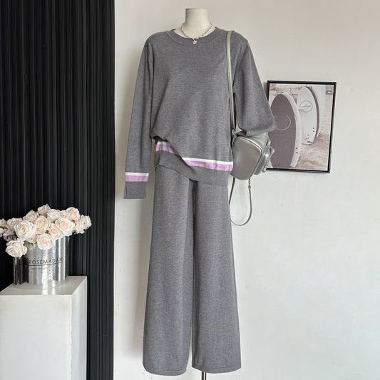 2024 Autumn and Winter Round Neck Contrast Color Knitted Two-Piece Set-D24101858