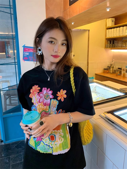 Cotton Short-sleeved T-shirt with Floral Round Neck-GNN-71