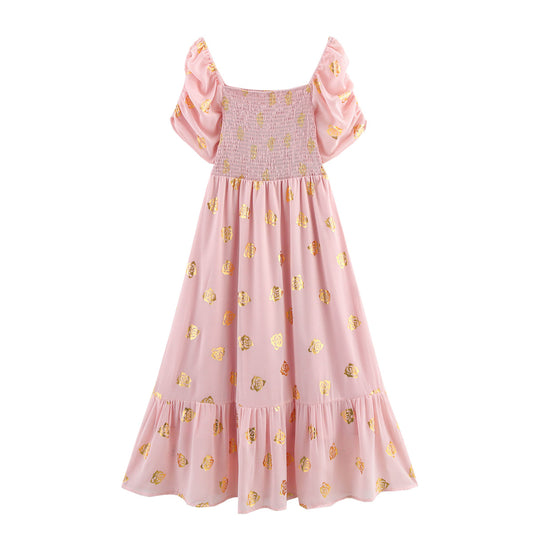 2025 Summer Women's Square Neck Chiffon Gilded Long Dress-E-4171