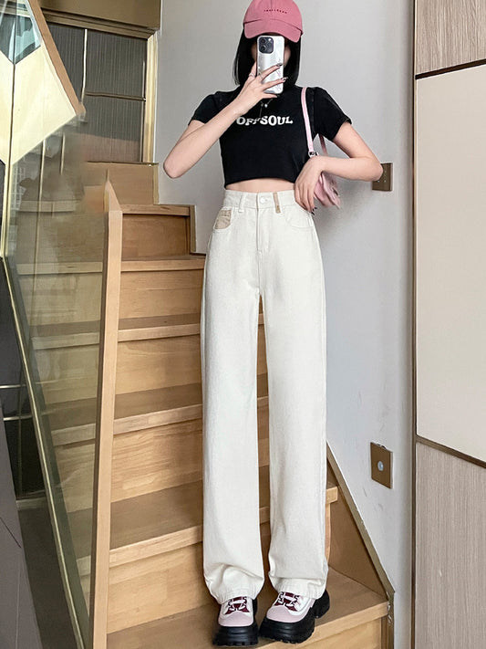 Women's Straight Wide Leg White Jeans-ABP3010BL