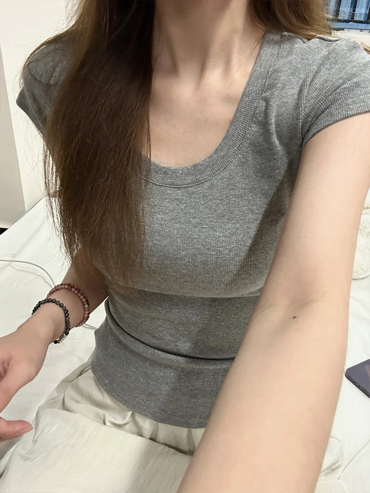 High-grade Grey U-neck Straight Shoulder T-shirt for Women 2025 Summer-SP&R-109