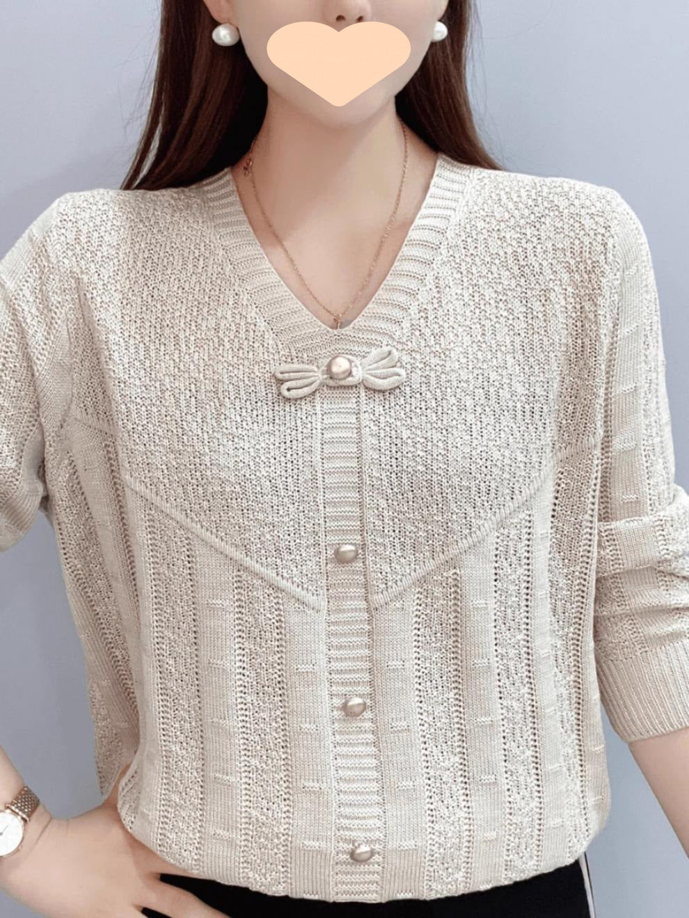 Bow Long-sleeved Knitted Hollow Bottoming Top