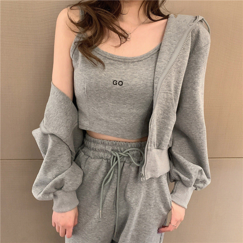 Zippered Hoodie Jacket Suspenders Long Pants 3-Piece Set-N202