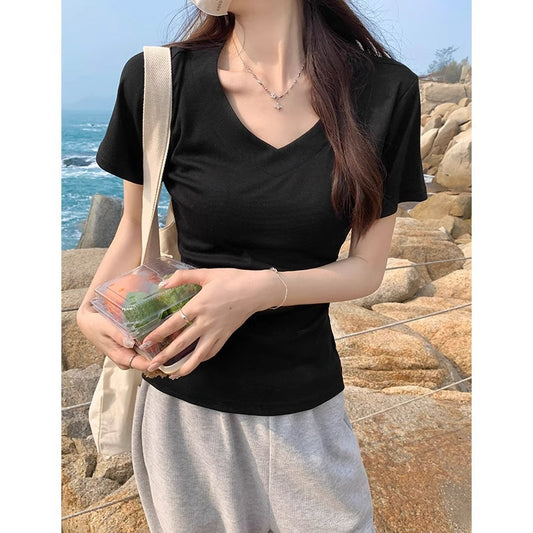 Women's Black V-neck Short-sleeved T-shirt-SP&R-107