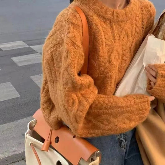 Crew Neck Cable Knit Pullover Sweater