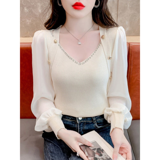Women's Beaded Collar Long Sleeve Sweater