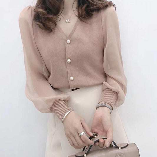 Women Spring Autumn Style Chiffon Blouses Shirt Women Knitted Tops-ABS2406DBL